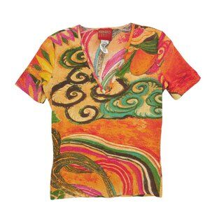 KENZO JUNGLE Women's Top Tee Short Sleeve Stretch Abstract Colorful Print MEDIUM